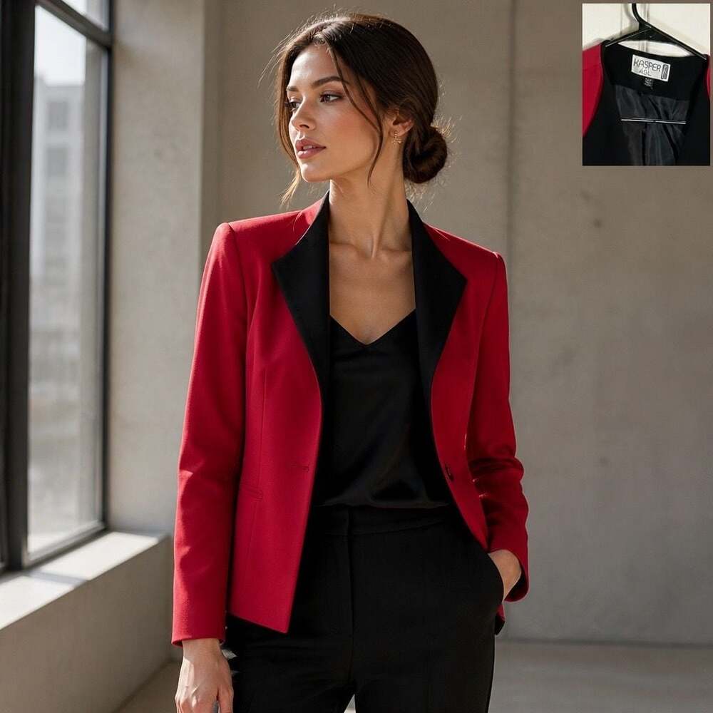 Kasper A.S.L. Red and Black Tuxedo Blazer Jacket Size 16